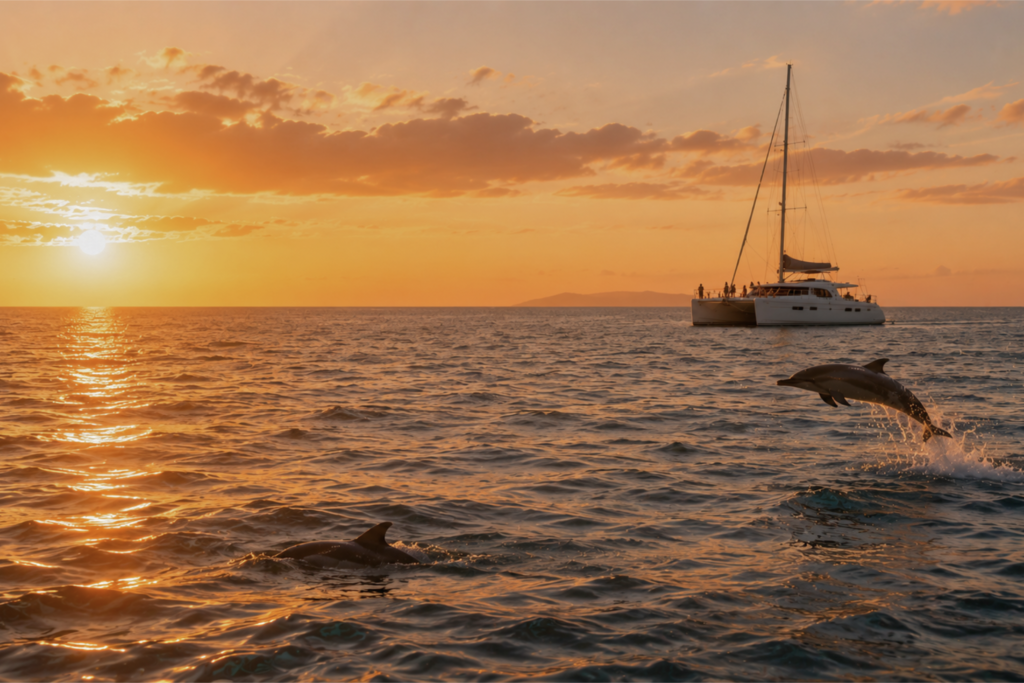 Delfini che nuotano accanto a un catamarano al tramonto